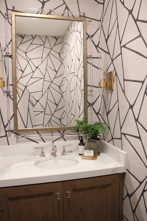 Kravet to the point coal wallpaper in powder bathroom. Point Wallpaper, It Wallpaper, Wallpaper Powder Room, Black Tile Bathrooms, Powder Room Makeover, Trellis Wallpaper, Powder Room Decor, Powder Room Design, Small Laundry Rooms