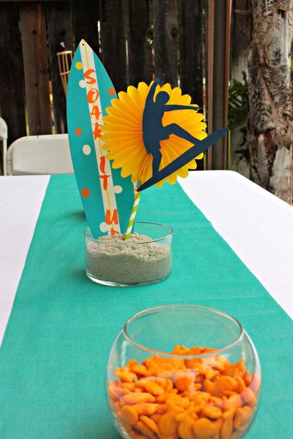 Surf's Up Party | CatchMyParty.com Up Birthday Party Ideas, Surfer Baby Shower, Surfer Party, Surf Birthday Party, Up Birthday Party, Deco Surf, Surf Birthday, Splash Party, Surf Party