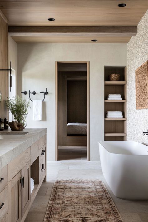 Modern rustic bathrooms have both an old-fashioned look and clean lines. Find out how to create this style here. Bathroom European Style, Scandinavian Rustic Bathroom, Scandinavian Cabin Bathroom, Modern European Bathroom, Spanish Modern Bathroom, Modern Spanish Bathroom, Modern Mediterranean Bathroom, European Style Bathroom, Family Bathroom Ideas