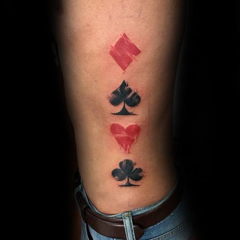 Playing Card Suits Mens Rib Cage Side Tattoo Card Suits Tattoo, Suits Tattoo, Mens Side Tattoos, Poker Tattoo, Ace Of Spades Tattoo, Playing Card Tattoos, Spade Tattoo, Vegas Tattoo, Card Tattoo Designs