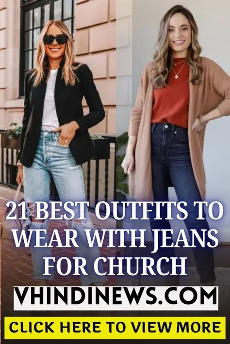 Can You Wear Jeans to Church on Sunday? 21 Best Outfits to Wear with Jeans for Church 27 Church Casual Outfits For Women, Basic Church Outfits, What To Wear To Church Casual, What To Wear To A Christian Concert, Sunday Outfit Church Casual Jeans, Casual Sunday Church Outfit, Church Fits With Jeans, What To Wear For Church, Church Retreat Outfit