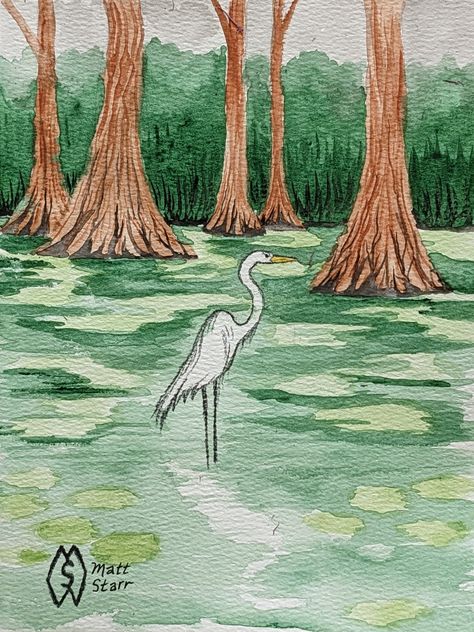 Cypress Tree Watercolor, Swamp Scene Painting, Swamp Sketch, Watercolor Cypress Trees, Southern Painting Ideas, Louisiana Watercolor Art, Watercolor Swamp, Florida Swamp, Swamp Landscape