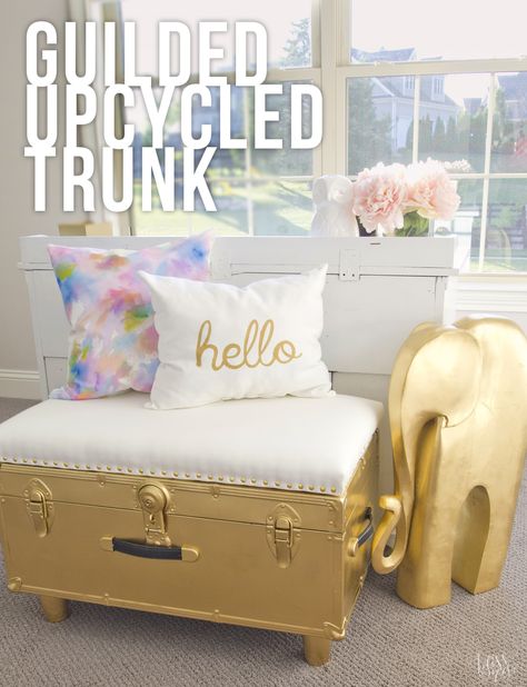 Trunk Redo, Trunk Bench, Trunk Makeover, Gold Ottoman, Metal Trunks, Painted Trunk, Antique Trunk, Vintage Trunks, Ottoman Design