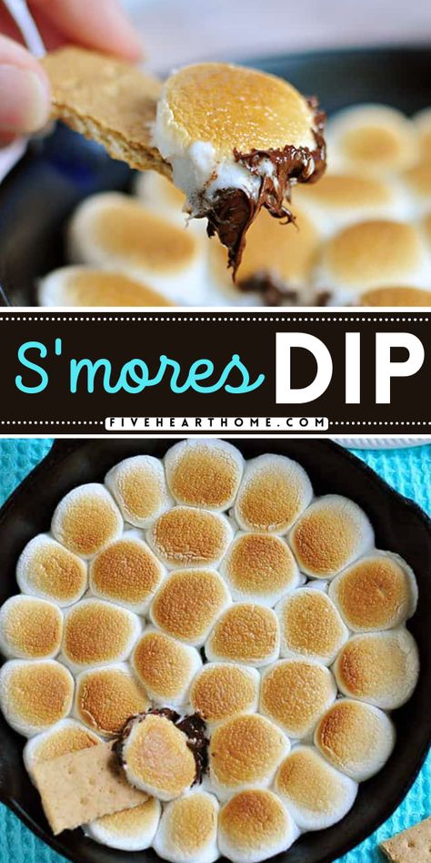 Always a yummy summer dessert! This dessert dip recipe will be one of the first 4th of July sweets to disappear. What's not to love about an easy smores dip that's loaded with silky, melted chocolate and gooey, toasted marshmallows? Smores Dip Recipe, Skillet Dip, Dessert Dip Recipes, Smores Dip, Smores Dessert, Dessert Dip, Football Party Food, Desserts For A Crowd, Camp Fire