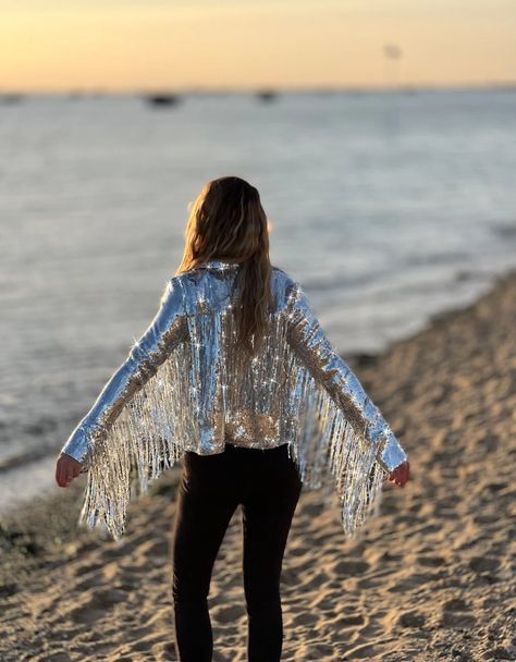 Disco Glam Outfits, Silver Jacket Outfit, Fringe Jacket Outfit, Sequin Clothes, Gold Sequin Jacket, Sequins Jacket, Fringed Jacket, Tassel Jacket, Silver Jacket