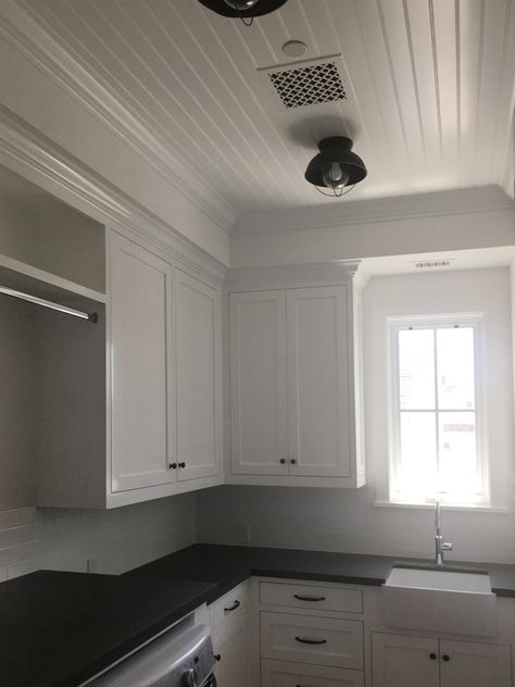 White Beadboard Ceiling, Beadboard Ceiling Kitchen, Ceiling Beadboard, Small Galley Kitchen Remodel, Beadboard Kitchen, Ceiling Remodel, Kitchen Ceiling Design, Shiplap Kitchen, White Beadboard