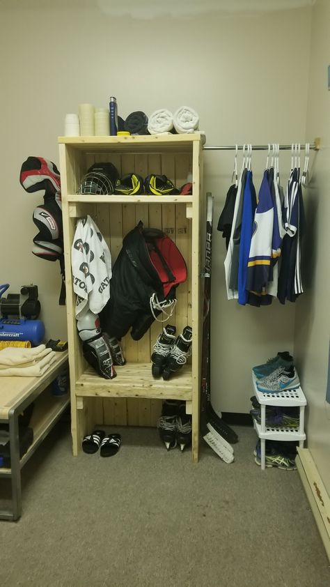 Basement Locker Room Ideas, Hockey Locker Room Ideas, Hockey Organization Storage Ideas, Hockey Gear Organization, Basement Hockey Storage, Diy Hockey Locker Plans, Hockey Gear Storage In Garage, Hockey Locker Diy, Hockey Storage Garage