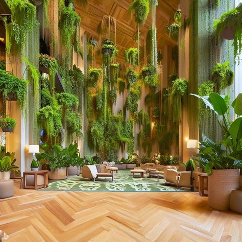 hotel lobby interior, clearly the client wanted loads of greens in sight Green Hotel Lobby, Biophilia Aesthetic, Office Jungle, Green Lobby, Hotel Plants, Hotel Thailand, Tropical Table, Green Hotel, Green Wall Design