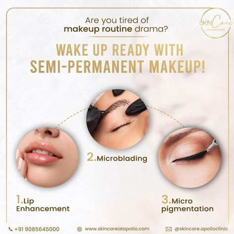 Tired of spending hours perfecting your look? With Semi-Permanent Makeup, you can wake up flawless every single day. Imagine brows that never smudge, eyeliner that’s always on point, and lips that stay luscious. 😍✨ Benefits: No more makeup drama 🎭 Perfectly defined features 🌸 Time-saving beauty ⏳ Always look your best 💁‍♀️ Simplify your beauty routine and embrace effortless elegance. Ready to wake up ready? Schedule your Semi-Permanent Makeup consultation now! 📱 +91- 9085645000 #SkinC... Smudge Eyeliner, Makeup Consultation, Semi Permanent Makeup, Skin Care Clinic, Time Saving, Effortless Elegance, Permanent Makeup, Semi Permanent, Every Single Day