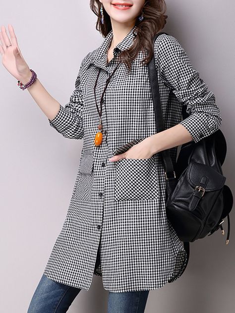 Black Long Sleeve Casual A-Line Linen Blouse & Shirts – NORACORA Ladies Tops Blouses, Loose Cardigan, Plaid Tunic, Turndown Collar, Office Lady, Long Shirt, Fall Outfits Women, Shirt Women, Long Sleeve Casual