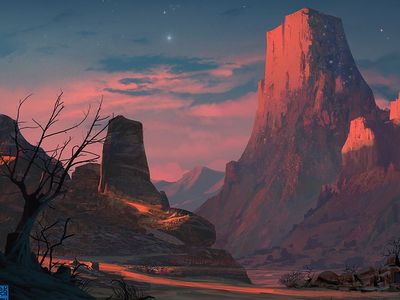 Starry Mountain Sunset Environment Concept Art, Mountain Sunset Illustration, Dusk Drawing, Sunset Concept Art, Mountain Reference, Sunset Mountain Painting, Mountain Concept Art, Fantasy Mountains, Mountain Sunset Landscapes