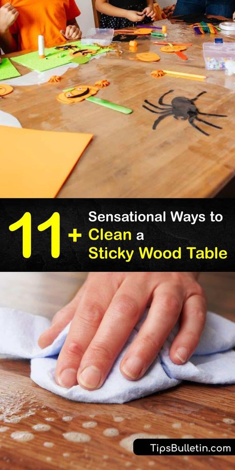 Explore ideas to remove sticky residue from your wooden table and other wooden furniture. Lift tape residue, sticker residue, and general stickiness off your wood table with Murphy Oil Soap, dish soap, or vinegar, and finish with furniture polish on a soft cloth. #clean #sticky #wood #table Sticky Table Top, Sticky Wood Table, How To Get Sticky Residue Off Wood, How To Clean A Wood Table, Clean Wood Table, How To Clean Wood Furniture, How To Clean Sticky Cabinets, Wood Table Cleaner, Clean Wood Furniture