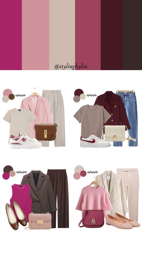 back to school outfits #Fitinspo #Backtoschool #Backtoschooloutfit #Outfitinspo #Ihateschool #backtoschooloutfitshighschool Classic Colour Combinations Outfit, Winter Outfit Color Palette, Brown And Pink Outfit Color Combos, Pink Color Combinations Outfit, Pink And Beige Outfit, Pink Capsule Wardrobe, Cute Trendy Outfits, Highschool Tips, Back To School Outfits Highschool