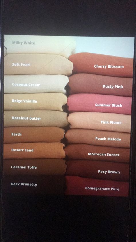 Hazelnut Butter, White Cherry Blossom, Dark Brunette, Rosy Brown, Coconut Cream, Hazelnut, Dusty Pink, Pomegranate, Cherry Blossom