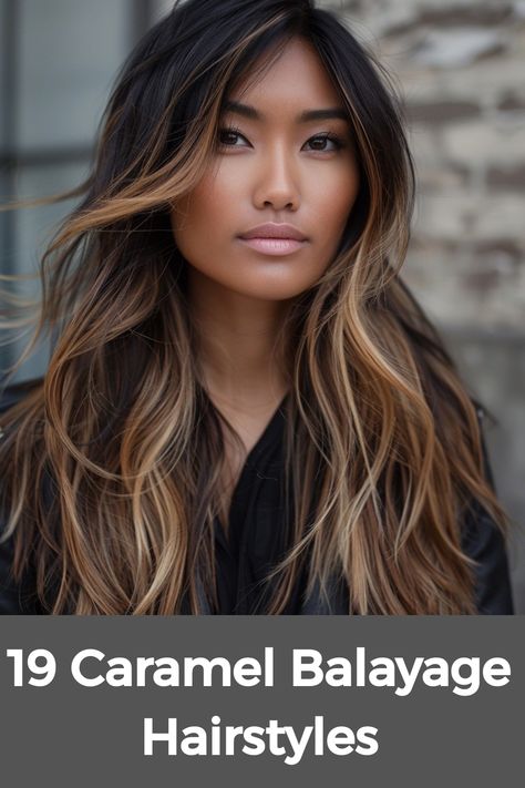 Discover the allure of caramel balayage hairstyles - a versatile and stylish option to elevate any hair type. Whether you rock dark, curly, brunette, or black locks, caramel highlights infuse a radiant glow. From short bobs to long flowing tresses, this technique seamlessly blends for a natural look. Ideal for those with straight hair seeking depth and dimension, caramel balayage breathes new life into your style with soft highlights that shimmer under the light. Dark To Color Ombre Hair, Long Hair Caramel Balayage, Dark Roots Blonde Hair Balayage Brunettes Caramel Highlights, Balayage Dark Skin, Baylage Straight Hair, Dark Caramel Balayage On Black Hair, Dark Hair Ombre Balayage, Dark Hair Caramel Balayage, Caramel Balayage Straight Hair