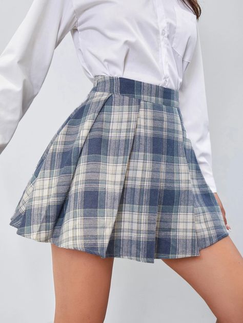 Blue Skirt Outfits, Preppy Mode, Short Skirts Outfits, Cute Skirt Outfits, Rock Outfit, Printed Pleated Skirt, Women Skirts, Skirt Mini, Plaid Fashion