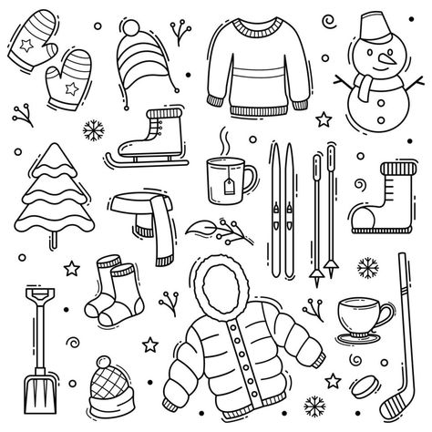 Winter Doodles, Calendar Doodles, Winter Drawings, Mail Art Envelopes, Christmas Card Illustration, Line Art Style, Scrapbook Book, Cute Doodles Drawings, Doodle Illustration