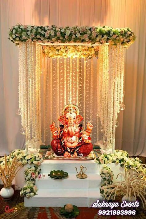 Ganpati Decoration For Sale In Pune | Ganesh Decoration | Sukanya Events Design For Ganpati Decoration, Ganapati Decoration White Theme, Ganpati Decoration Without Flowers, Best Ganpati Decoration Theme, Asthetic Ganpati Decorations, Ganpati Sthapna Decoration, Ganpati Festival Decoration, Ganpati Puja Decoration, Ganpati Bapa Decoration Ideas