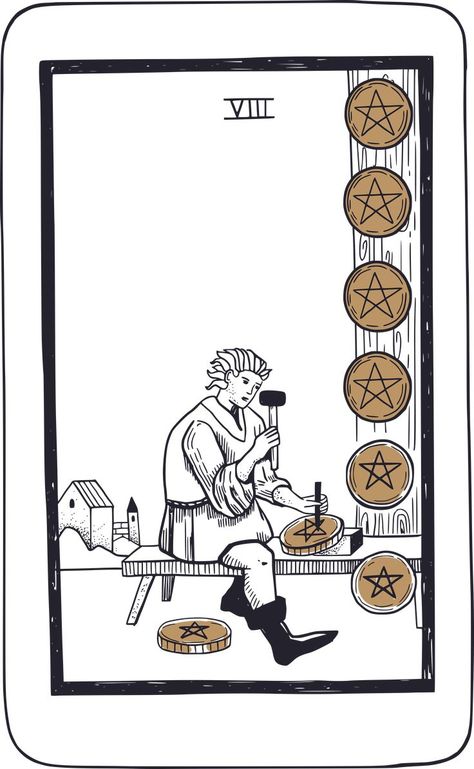 In a tarot reading, the Eight of Pentacles represents a need for skill, mastery, and hard work. This card often signifies that you are in the midst of developing a new skill or working towards mastery in a particular area, and that you are being called to be persistent and diligent in your efforts. It also represents a need to focus on the small steps that will help you achieve your goals and to be willing to put in the hard work required to succeed. Eight Of Pentacles, Element Of Earth, Oracle Art, Moon Magick, Pentacles, Skill Development, Small Steps, Astrological Sign, Minor Arcana