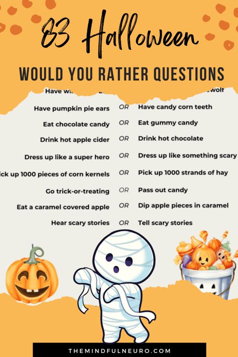 Transform your Halloween gathering into an engaging event for kids with our free 'Would You Rather' question template. Designed specifically for young minds, these 83 questions promote thoughtful engagement and a fun, mindful way to connect. Download your copy today and watch the magic unfold at your next classroom or home party! 🌟🎃 

#HalloweenForKids
#MindfulKids
#HalloweenGames October Would You Rather Questions, Fall Would You Rather For Kids, Kids Would You Rather, Halloween Questions For Kids, Would You Rather Halloween Questions, Halloween Would You Rather For Kids, Would You Rather Halloween, Halloween Mindfulness Activities, Kids Would You Rather Questions