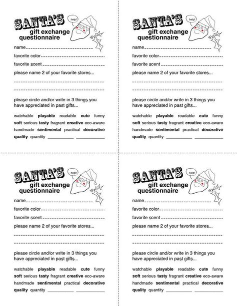 Gift Exchange List, Gift Exchange Form, Secret Santa Templates, Secret Santa Questions, Secret Santa Form, Secret Santa List, 10 Secret Santa Gifts, Pinterest Gift Ideas, Santa Questionnaire