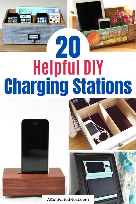 20 Helpful DIY Charging Stations- You can easily organize all your devices and your charging cords with these helpful DIY charging stations! They're so useful, and so easy to make! | #diyOrganizer #organizing #diyChargingStations #cordOrganization #ACultivatedNest Wooden Phone Charging Station, Family Charging Station Ideas Diy, Diy End Table With Charging Station, Hidden Charging Station Ideas, Charging Station Shelf, Cell Phone Charging Station, Junk Drawer Organizing, Phone Charging Station, Watch Diy