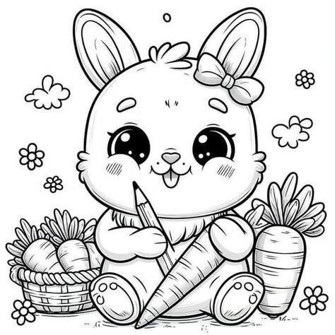 Rabbit Coloring, Rabbit Colors, Drawing Lessons For Kids, Fairy Coloring Pages, Easy Coloring Pages, Disney Coloring Pages, Rabbit Cartoon, Flower Coloring Pages, Cute Rabbit