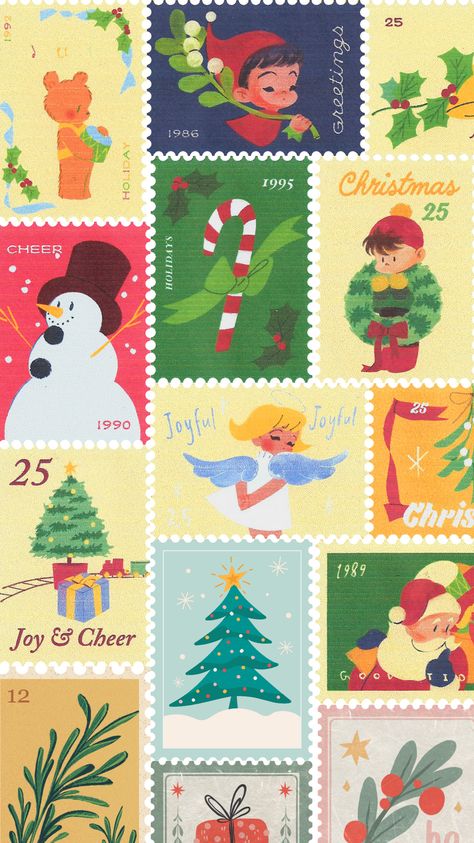 Christmas wallpaper, colourful phone background, stamp collage Christmas Core Wallpaper, Christmas Phone Wallpaper Aesthetic, Retro Christmas Wallpaper, Christmas Collage Wallpaper, Wallpaper Colourful, Christmas Phone Backgrounds, Corporate Girlie, Stamp Collage, Phone Screensaver