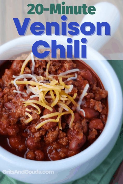 Get that slow-simmered flavor with this quick and easy 20-Minute Venison Chili. The secret to all that hearty flavor is in the first step and with 3 of the pantry ingredients. This shortcut comfort food recipe has less than 10 ingredients! No deer hunters in the family? Substitute any lean ground meat or even turkey. #venisonrecipes #fallrecipe #gamedayrecipe #tailgating #wildgame Deer Meat Chili, Deer Chili Recipe, Venison Chili Recipe, Venison Chili, Vegan Pizza Recipe, Meat Chili, Deer Meat Recipes, Deer Meat, Budget Recipes