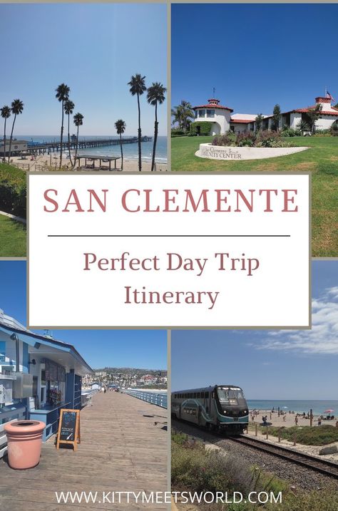 Top left: San Clemente Pier; Top right: Library; Bottom left: Shack on pier; Bottom right: Train San Clemente Beach, San Clemente Pier, San Clemente California, Cross Country Trip, Solana Beach, Luxury Train, Italy Tours, San Clemente, Beach Town