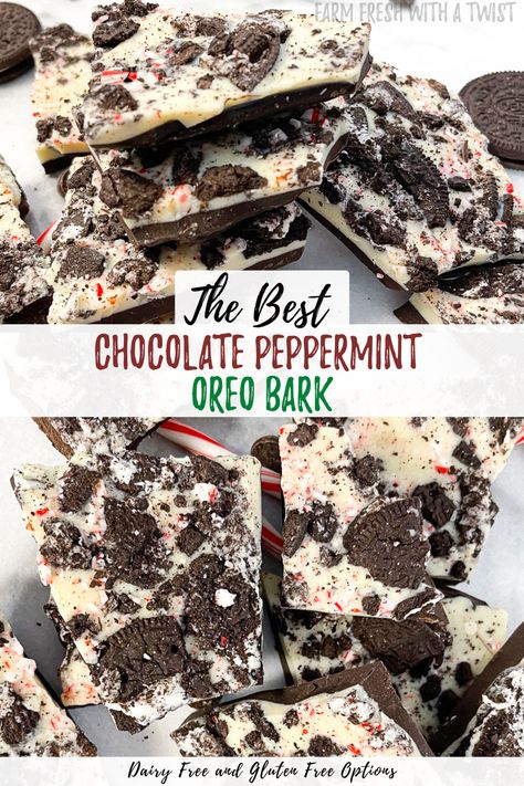 This Chocolate Peppermint Oreo Bark is topped with crushed Oreos and crushed candy canes. It’s the perfect Christmas treat that is beyond easy to make and only features 5 ingredients! Can easily be made gluten and dairy free! This chocolate peppermint oreo bark features not only a layer of semi-sweet chocolate, but also a layer of white chocolate. #chocolate #peppermint #oreo #bark #chocolatebark #candycane #dairyfree #glutenfree #christmas #dessert Dairy Free Breakfast Casserole, Dairy Free White Chocolate, Oreo Bark, Chocolate Peppermint Bark, Easy Holiday Treats, Dairy Free Snacks, Dairy Free Cookies, Crushed Oreos, Gluten And Dairy Free