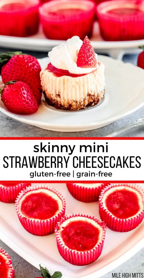 Strawberry Cheesecakes, Gluten Free Valentines, Mini Strawberry Cheesecake, Strawberry Cheesecake Recipe, Mini Cheesecake Recipes, Gluten Free Cheesecake, Yogurt Cake, Strawberry Yogurt, Strawberry Sauce