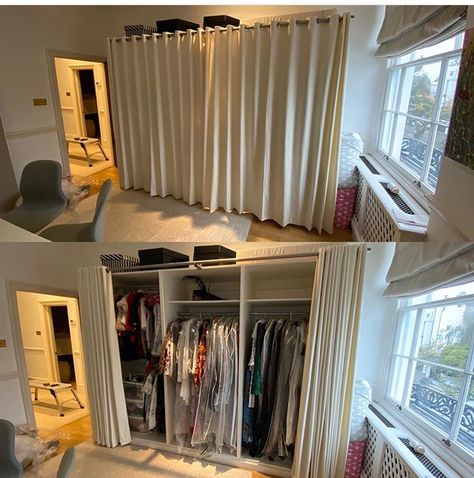 Curtain Wardrobe Doors, Bathroom Curtains Ideas, Curtain Wardrobe, Small Dressing Room, Small Dressing Rooms, Modern Dressing Room, Floor To Ceiling Curtains, Corner Curtains, Bathroom Window Curtains