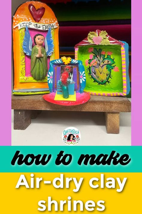 Unlock the world of air dry clay with this comprehensive guide, featuring DIY mini shrines as your canvas! When a kiln isn't available, air dry clay steps in as the perfect ceramic alternative. Dive into the art of ceramics with these beginner-friendly tips, whether you're sculpting a masterpiece or exploring decorative crafts. Clay Shrines And Altars Ideas, Diy Clay Altar, Craft Clay Ideas, Air Dry Clay Altar, Diy Mexican Decor, Air Dry Clay Pins, Air Dry Clay Art Projects, Mexican Shrine, Clay Altar