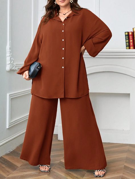 2pcs Plus Size Women Summer Loose Drop Shoulder Top And Wide Leg Pants Casual Outfit Set Brown Casual    Plain  Non-Stretch Spring/Fall Women Plus Clothing, size features are:Bust: ,Length: ,Sleeve Length: Long Shirt Coord Sets, Western Top For Women, New Long Top Designs For Women, Kurta Designs Women Casual, Eid Kurta, Drop Shoulder Shirt, Latest Dress Design, Stylish Short Dresses, Fashion Top Outfits