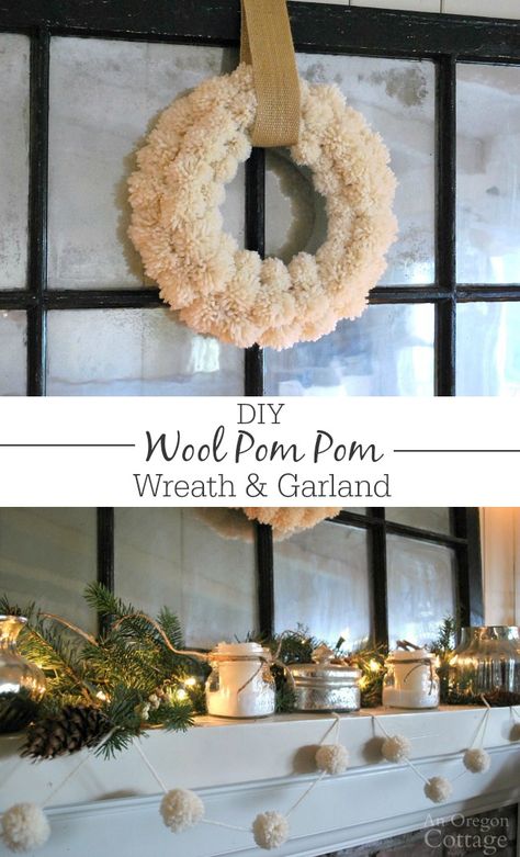 Cute & simple DIY Wool Pom Pom Wreath and Garland! Anthropologie knock-offs that cost just pennies to make and are easy to store and use every year. Plus, they're just plain fun to make and decorate with for Christmas and even into winter! #christmas #decor #diy Oregon Cottage, Camper Christmas, Cottage Diy, Garland Tutorial, Pom Wreath, Tulle Poms, Diy Wool, Wreath Garland, Pom Pom Wreath