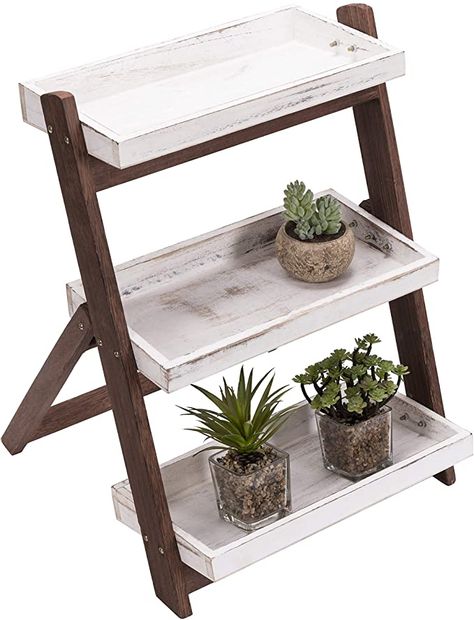 MyGift Burnt Brown Wood and Vintage White 3 Tier Shelf Stand, Freestanding Wooden Ladder Shelf, Retail Display Stand : Home & Kitchen Wood Display Shelves, Wooden Ladder Shelf, Tea Display, Ladder Storage, Shelf Stand, Indoor Flower Pots, Wood Easel, Wooden Plant Stands, Wood Plant Stand