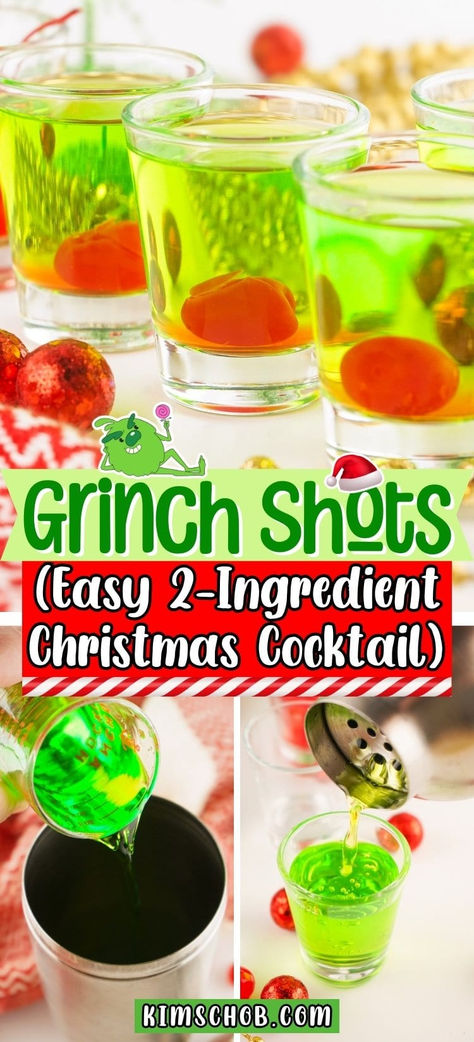 Three green shots with a red cherry garnish are labeled as "Grinch Shots," showcasing an easy, festive 2-ingredient Christmas cocktail. 3 Ingredient Holiday Cocktails, Grinch Shots Christmas Drinks, 3 Ingredient Christmas Cocktails, Easy Christmas Shots Recipes, Grinch Drinks For Adults, Christmas Themed Shots, Grinch Drink For Adults, Easy Christmas Shots, Grinch Alcoholic Drink