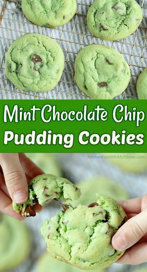 Mint Chocolate Chip Pudding Cookies, Green Chocolate Chip Cookies, Pudding Cookies Christmas, Green Cookies Recipes, Christmas Mint Cookies, Kitty Recipes, Mint Chip Recipes, White Chocolate Mint Cookies, Mint Chip Cookies Recipe