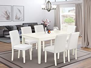 East West Furniture Set 7 Pieces PU Leather Kitchen Chairs Linen White Finish 4 legs Hardwood Rectangular Mid-century Dining Table and Frame, 7 Rectangle Dining Room Table, Leather Kitchen Chairs, Wooden Dining Table Set, Leather Kitchen, Parsons Dining Chairs, Kitchen Table Wood, Dinette Tables, Solid Wood Dining Set, Dinette Sets