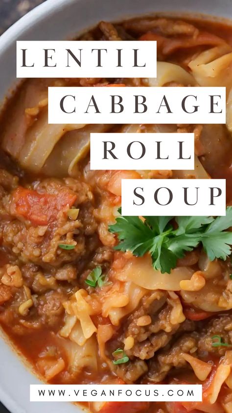 Treat yourself to a time-saving twist on your cabbage roll cravings with this lentil cabbage roll soup! All the delicious flavors of classic vegan cabbage rolls are captured in this beautiful recipe, which is made into an easy-to-make soup. This flavorful soup is perfect for a busy weekday or a busy weekend lunch. It’s simple to make and tastes great. Savor the deliciousness of cabbage rolls without the fuss. Cabbage Lentil Soup Recipe, Lentil And Cabbage Soup, Lentil Cabbage Rolls, Vegan Cabbage Roll Soup, Cabbage And Lentil Recipes, Cabbage Lentil Soup, Lentil Cabbage Soup, Cabbage Lentil, Vegetarian Cabbage Rolls