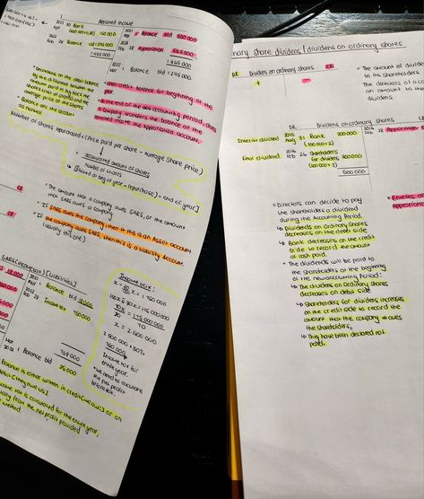 Two pages stapled with accounting theory and accounts written on the paper in black pen and a few important notes highlighted with a pink and yellow highlighter Account Notes Aesthetic, Accounting Basics Notes, Studying Accounting Aesthetic, Chartered Accountant Student Aesthetic, Accounting Notes Student, Accounting Inspiration, Accounting Notes Aesthetic, Accounting Motivation, Chartered Accountant Aesthetic