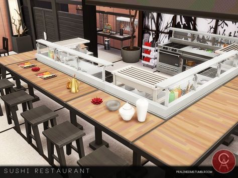 Pralinesims' Sushi Restaurant Sims 4 Restaurant, Lotes The Sims 4, Restaurant Game, Enjoy With Friends, Restaurant Exterior, Sims 4 House Design, Casas The Sims 4, Sims Building, Sushi Restaurant