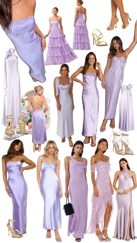 Purple/ lavender / satin dresses Summer Wedding Attire, Lavender Bridesmaid Dresses, Bridesmaid Satin, Lilac Bridesmaid Dresses, Purple Wedding Dress, Wedding Guest Style, Chic Brides, Purple Bridesmaids, Purple Bridesmaid Dresses