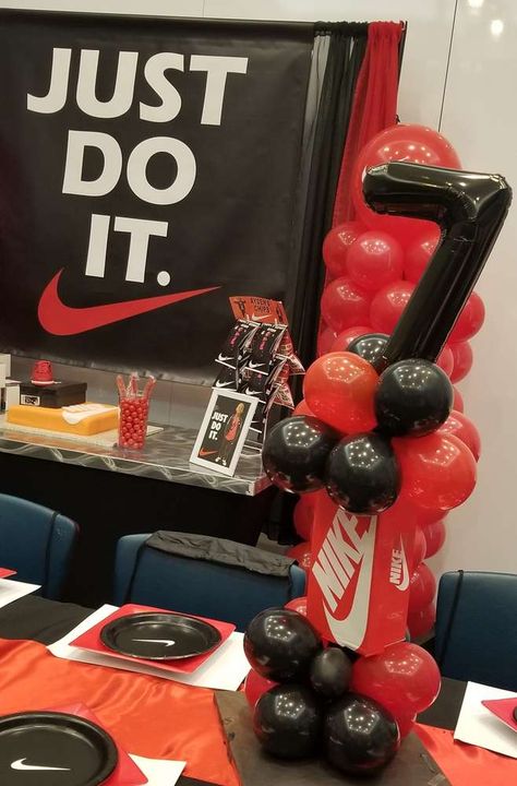 Just Do It - 7th Birthday Party | CatchMyParty.com Just Do It Party Theme, Sneaker Birthday Party Ideas Decoration, Air Jordan Birthday Party Ideas, Nike Party Decorations, Nike Theme Party, Sneakerball Party Ideas, Nike Themed Party Ideas, Nike Birthday Party Ideas, Sneaker Ball Party Ideas