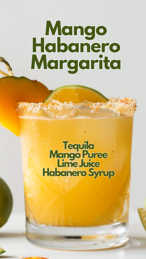 Mango Habanero Margarita Mango Habanero Margarita, Yellow Cocktails, Mango Cocktails, Habanero Margarita, Margarita Flavors, Mangonada Recipe, Tequila Drinks Easy, Booze Board, Classic Tequila Cocktails