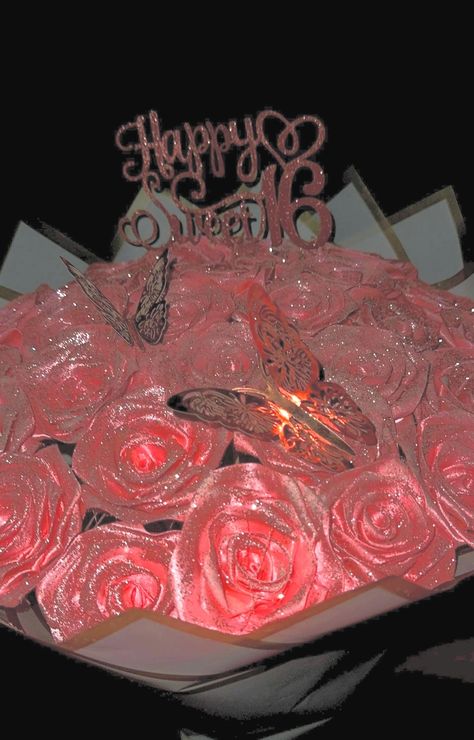 MADE TO ORDER 30 glitter rose shown in image Colour: glitter pink add ons: Sweet 16 topper Happy birthday banner 2 rose gold butterflies Sweet 16 Topper, Rose Pink Bouquet, Happy Birthday Rose, Luxury Flower Bouquets, Rose Gold Butterfly, Eternal Rose, Glitter Birthday, Glitter Roses, Pink Bouquet