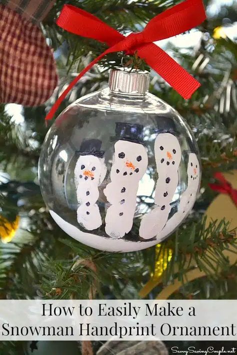 How to Easily Make a Snowman Handprint Ornament - Savvy Saving Couple Snowman Hand Ornament, Hand Snowman Ornaments, Snowmen Fingerprint Ornament, Fingerprint Ornaments For Kids To Make, Diy Ornmanets Christmas Ornament, Snowman Fingerprint Craft, Hand Print Snowman Ornaments, Ornaments With Handprints, Baby Handprint Ornament Paint