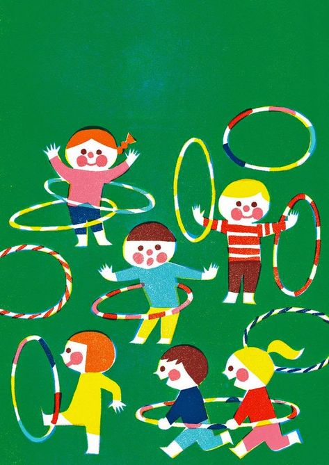 misako mimoko: inspiring illustrations Children Playground, 달력 디자인, Mid Century Illustration, Hula Hoops, Playground Design, Children Playing, 캐릭터 드로잉, Hula Hoop, Illustrations And Posters