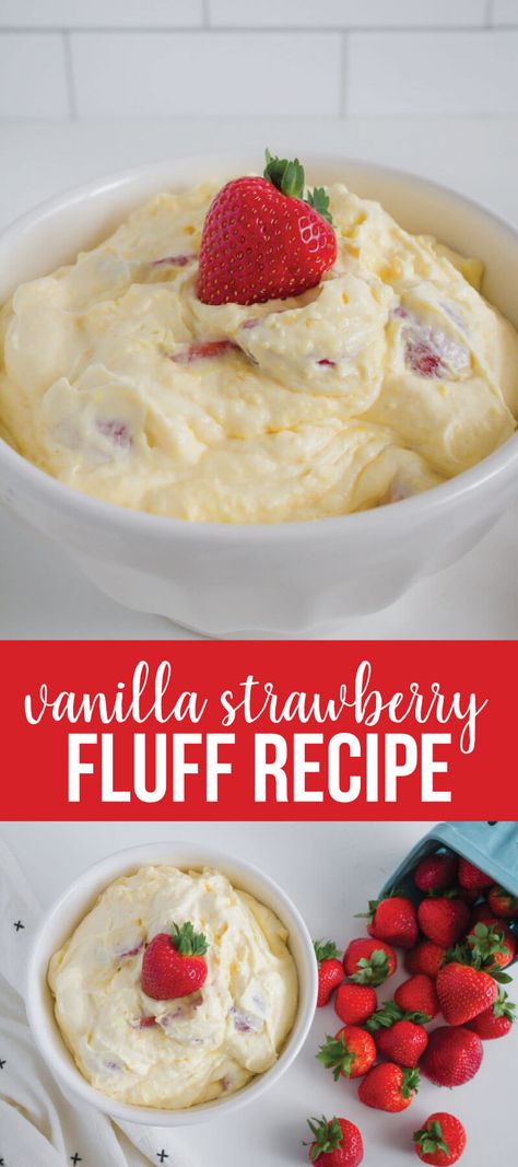 Vanilla Strawberry Fluff Recipe - a yummy dessert recipe from www.thirtyhandmadedays.com Coolwhip Deserts, Pie Board, Tooty Fruity, 4 Ingredient Desserts, Jello Cheesecake, Ww Ideas, Strawberry Fluff, Fruit Dips Recipes, Fluff Recipe